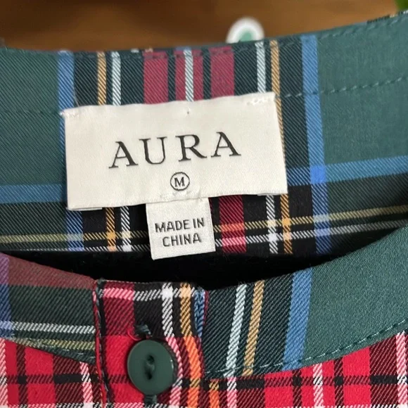 AURA Black/Red/Blue/White Plaid Tiered Ruffle Empire Waist Dress, Medium, NWT. - Picture 3 of 9